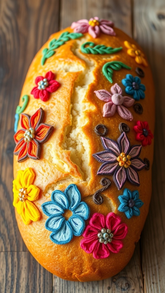 A decorative loaf of bread with colorful embroidery designs on a wooden table.